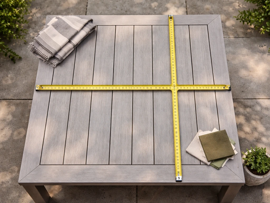 Top-down view of a patio tabletop with a measuring tape showing where to measure length and width.