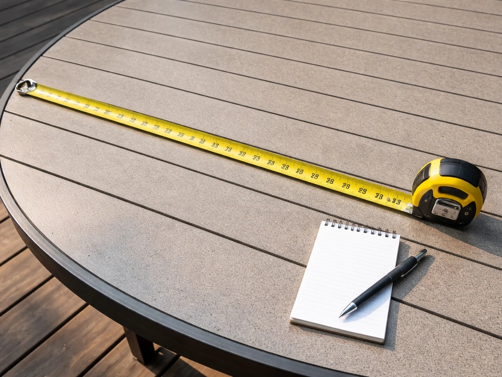 Close-up of a tape measure measuring a patio table top, with a notepad beside it.