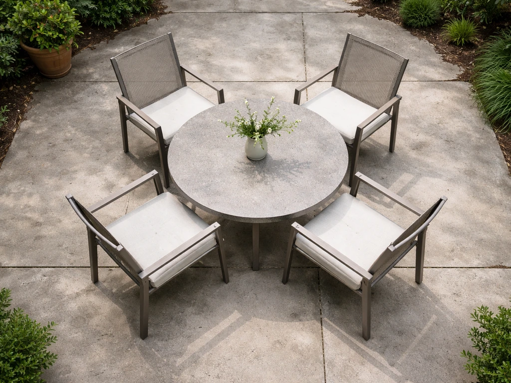 Top-down view of a round outdoor dining table with chairs spaced to show easy circulation