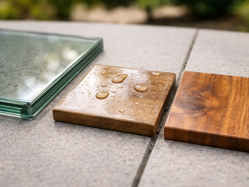 Close-up of tempered glass edge beside warm teak wood grain and a weatherproof outdoor tabletop surface