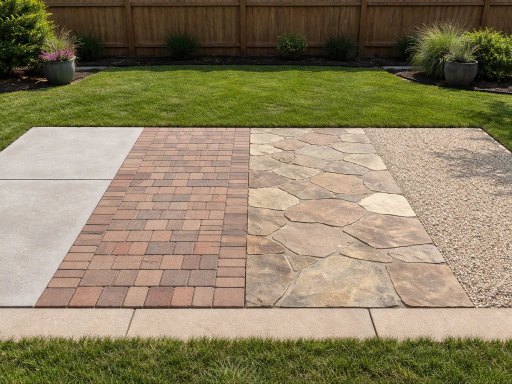 Outdoor yard patio options side-by-side: concrete slab, pavers, flagstone, and gravel/DG in simple landscaping.