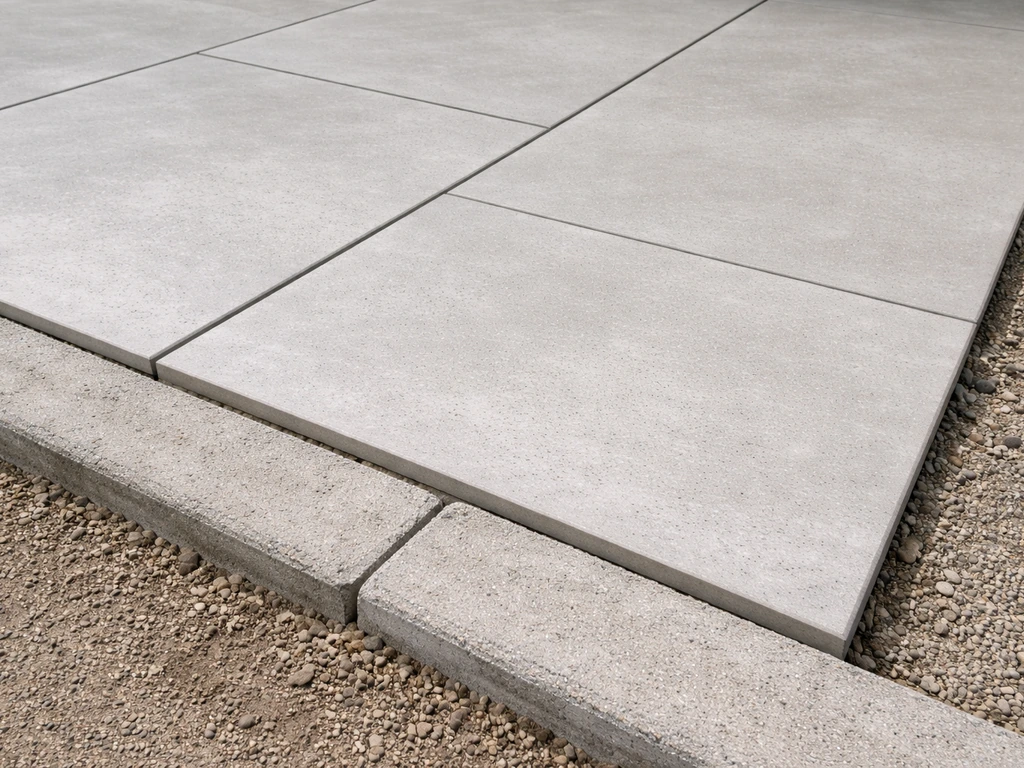 Close-up of outdoor porcelain pavers being installed, showing joint spacing and a clean edge transition.
