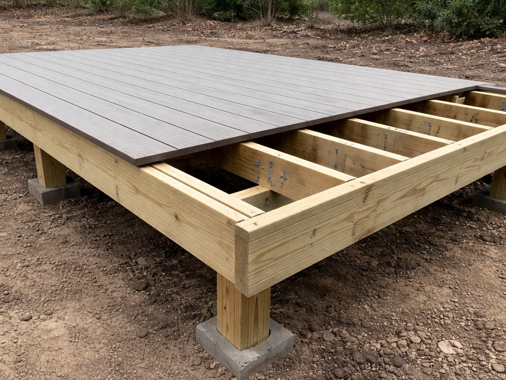 Close-up of an elevated wood/composite deck with visible joists and framing above the ground