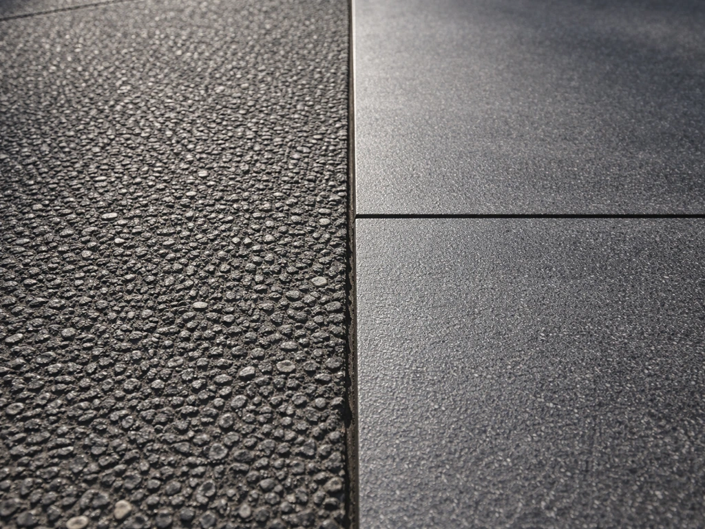 Close-up of rough textured pavers beside a smoother tile surface showing traction differences in sunlight