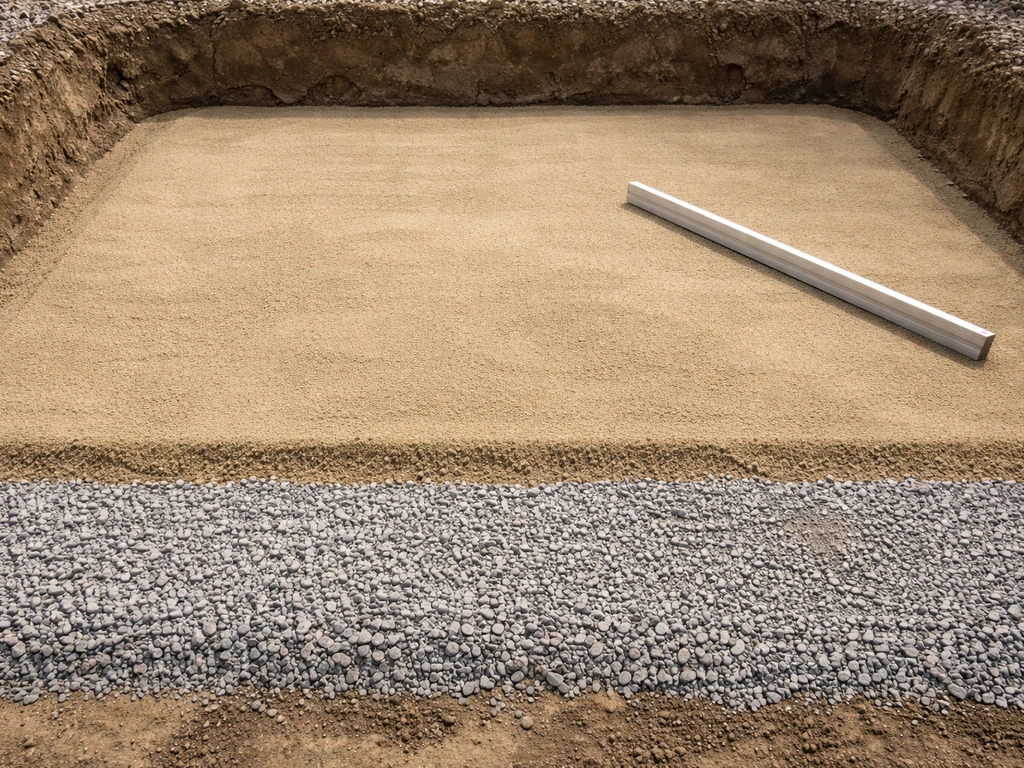 Close-up of compacted crushed stone base and bedding sand layer prepared under a patio