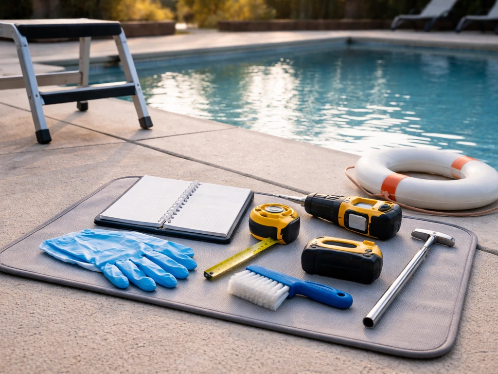 Tools and a safety-first checklist laid on a pool deck beside a swimming pool