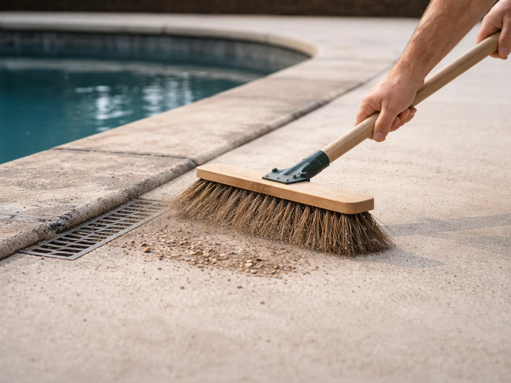 Patio cleaning in progress: person sweeping debris away near pool coping and drain edge