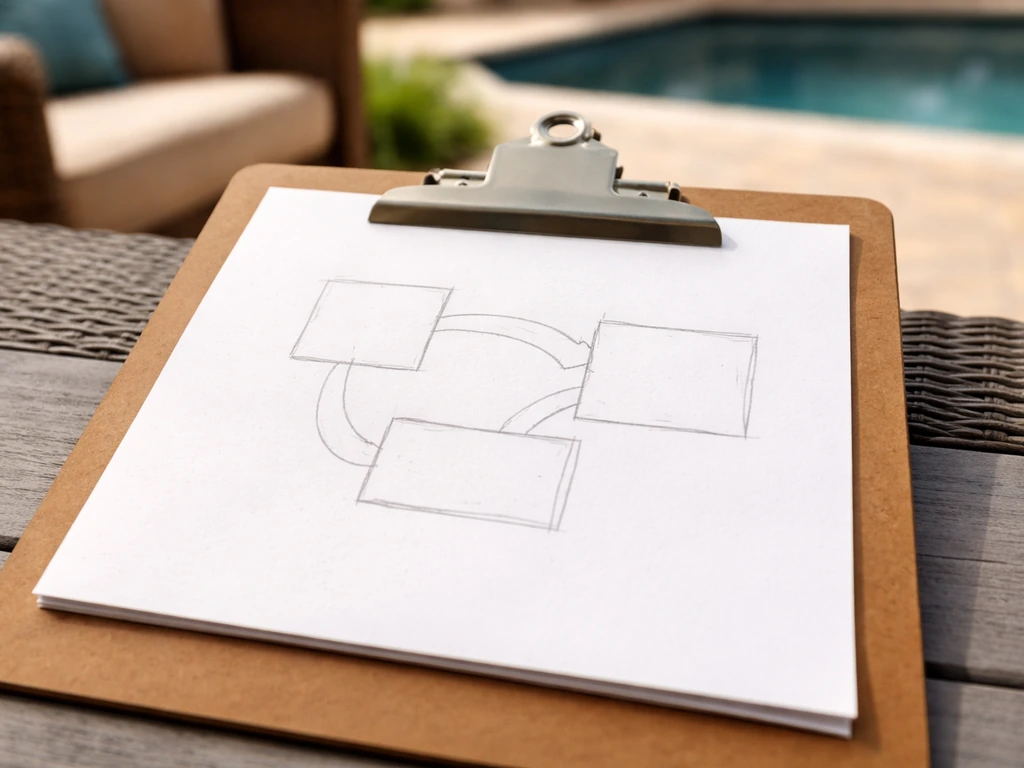 Hand-drawn traffic flow sketch on clipboard showing paths between house entry, pool entry, and seating