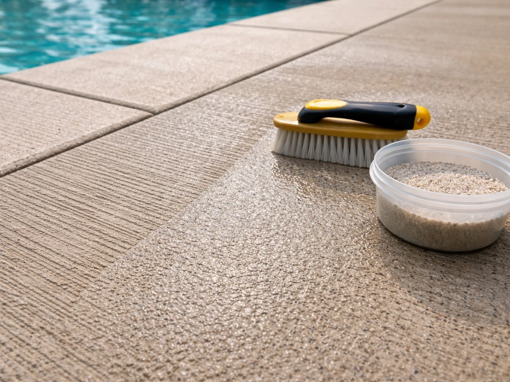 Close-up of a textured pool deck surface being checked for slip resistance with anti-slip treatment tools