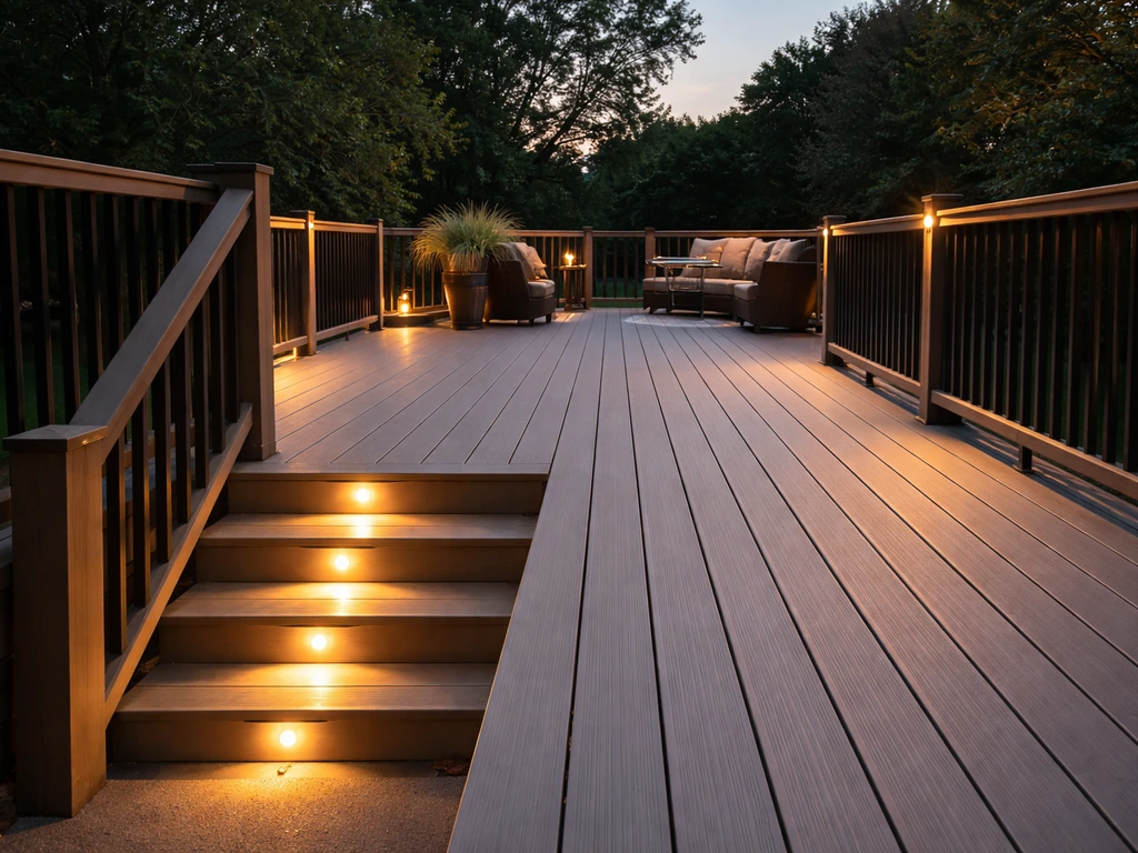 Safe raised patio with clear walking path, sturdy guardrail, and warm lighting at night