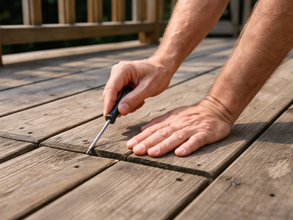 Homeowner inspecting a raised patio deck board with a flathead screwdriver to check for rot
