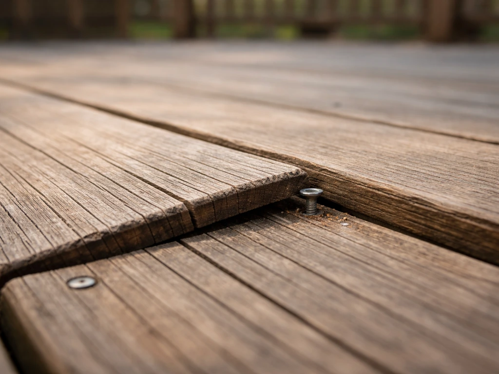 Low-angle view of a deck seam where a board looks loose and springy near a fastener