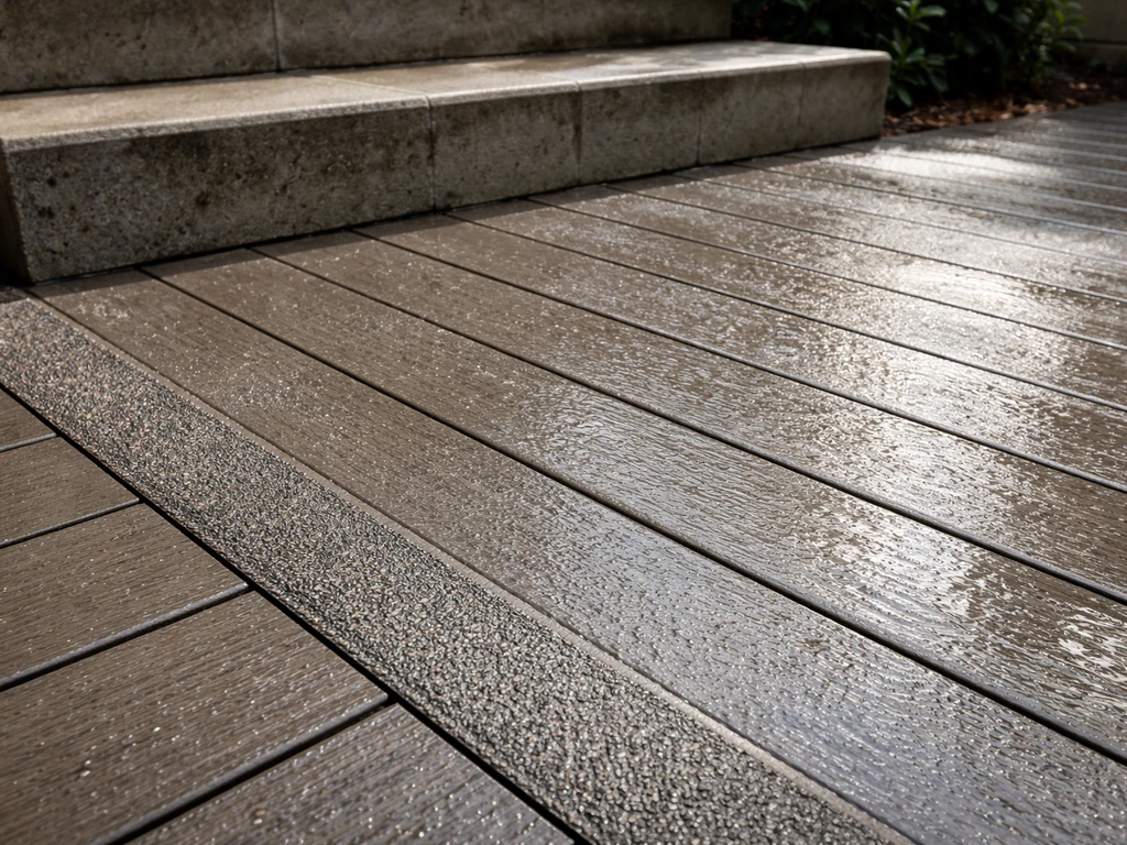 Wet patio deck near steps with visible non-slip coating and anti-slip strip for better traction.