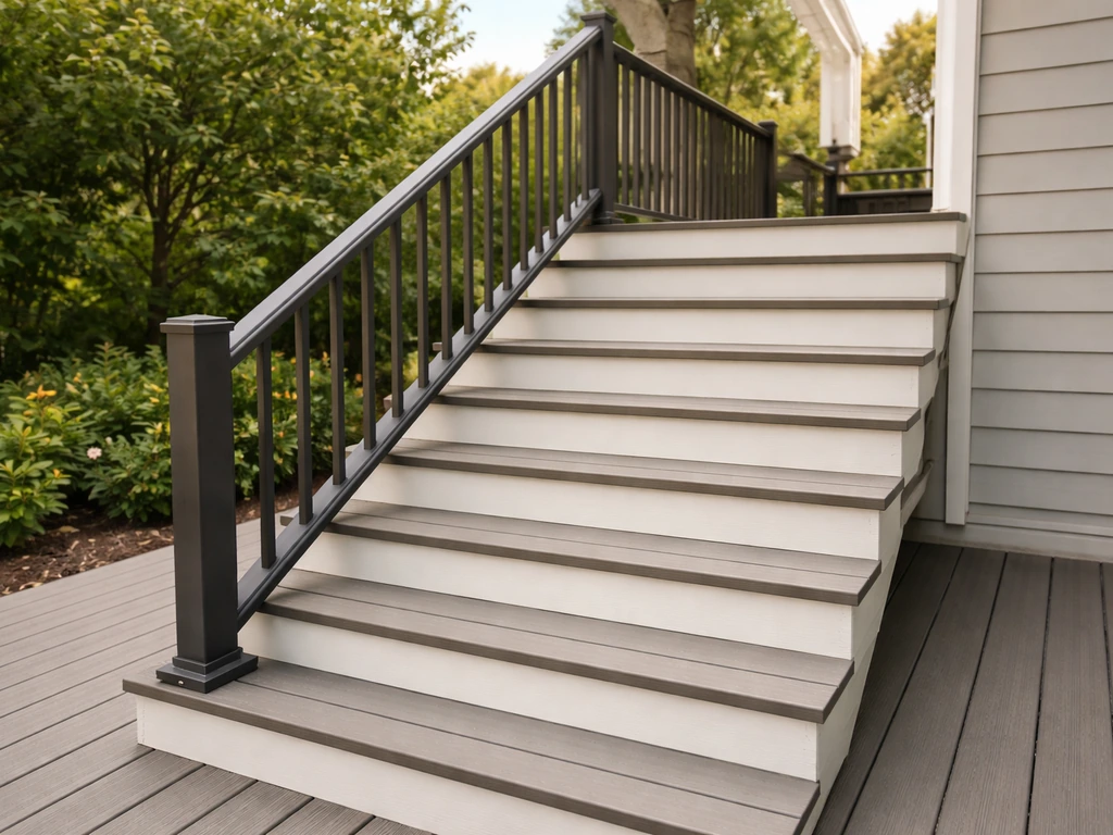 Raised patio staircase with consistent tread and a graspable handrail in clear, safe daylight.