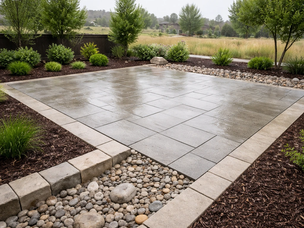Durable Utah backyard patio with pavers, clean edging, and landscaping drainage grade after light rain
