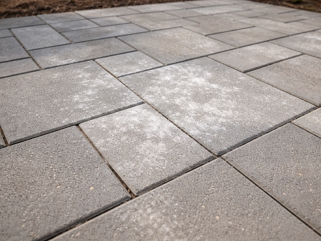 Chalky white efflorescence haze on concrete pavers in a simple patio, showing mineral salt residue