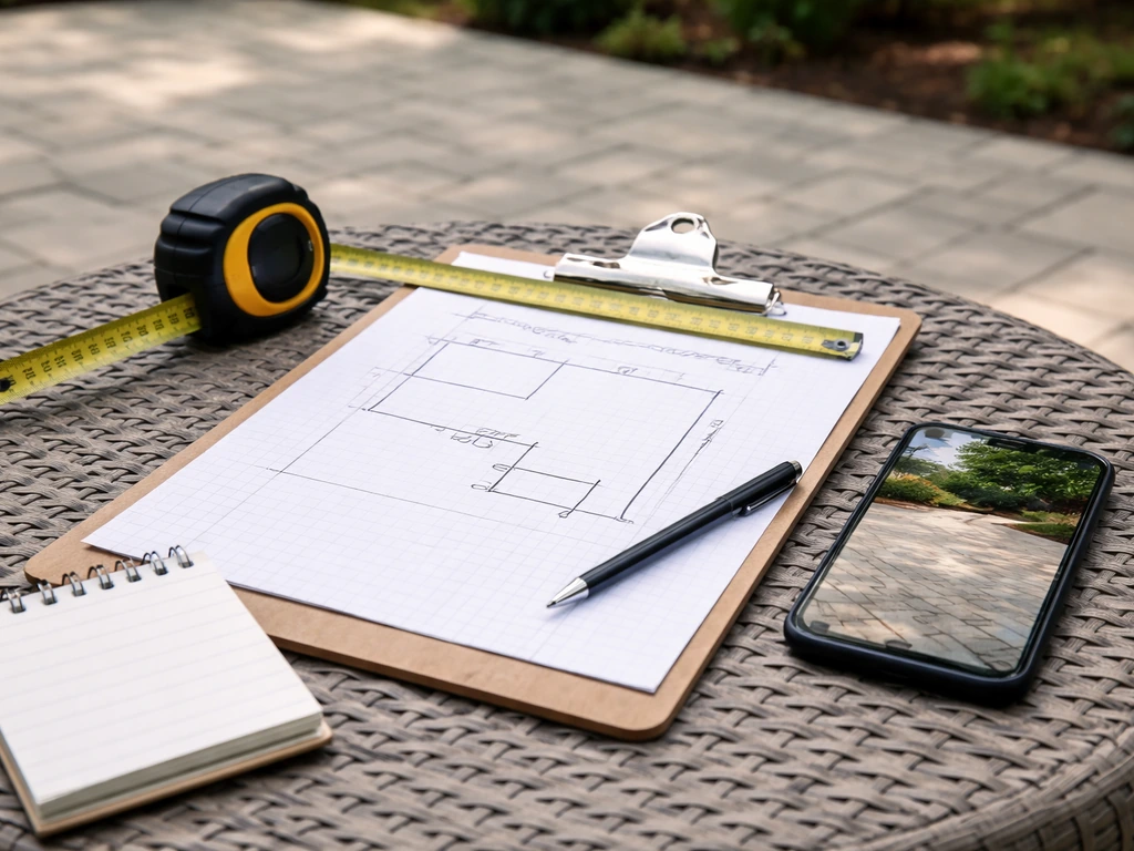 Clipboard with patio measurements and field notes, measuring tape, and smartphone photos of an outdoor surface setup.