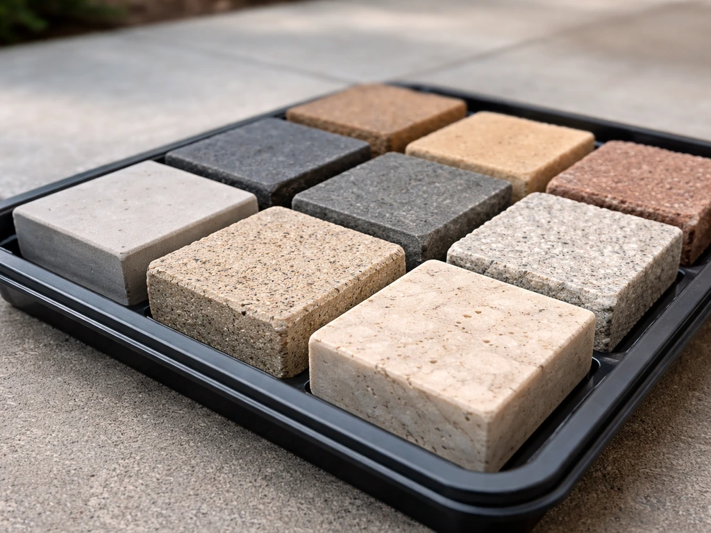Close-up of concrete paver and stone samples in a tray, showing varied finishes for Utah winter durability.