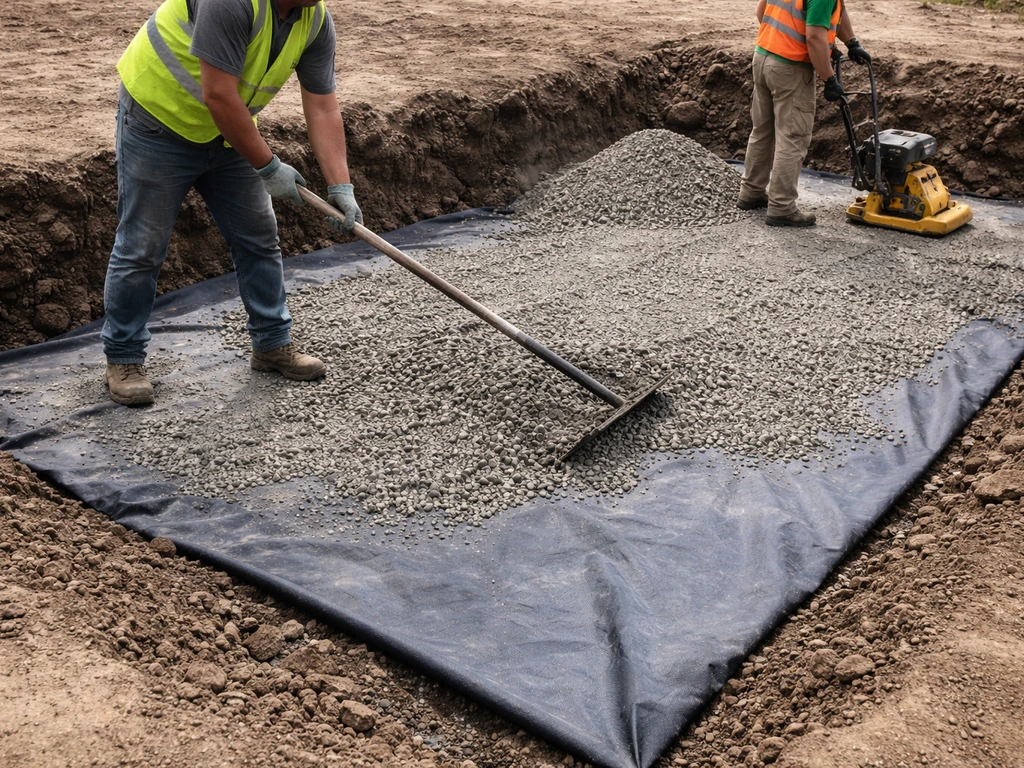 Construction workers spreading and compacting base material with geotextile fabric on graded ground