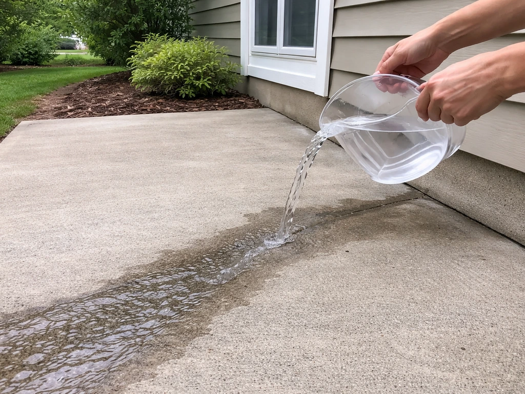 Hands pour water from a pitcher at the patio high point; water flows away from the house foundation.