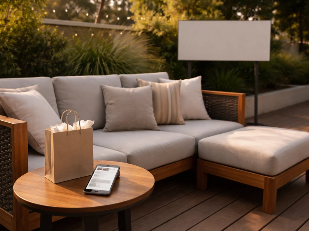 Stylish outdoor patio seating with a phone and promo-style discount cue for checkout savings
