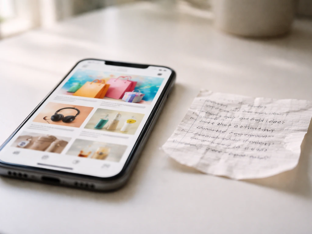 Phone on desk showing a blurred promo banner and a messy handwritten code note to compare real vs scam.