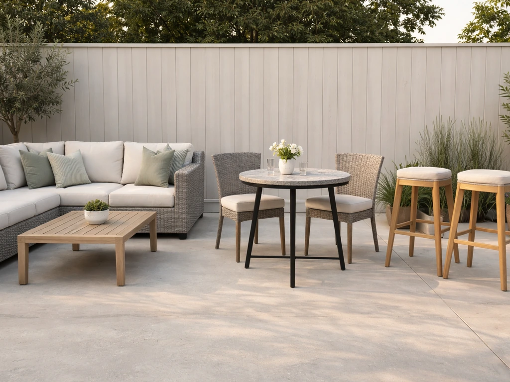 Outdoor patio furniture lineup showing a sectional, dining set, and bar stools in natural light.