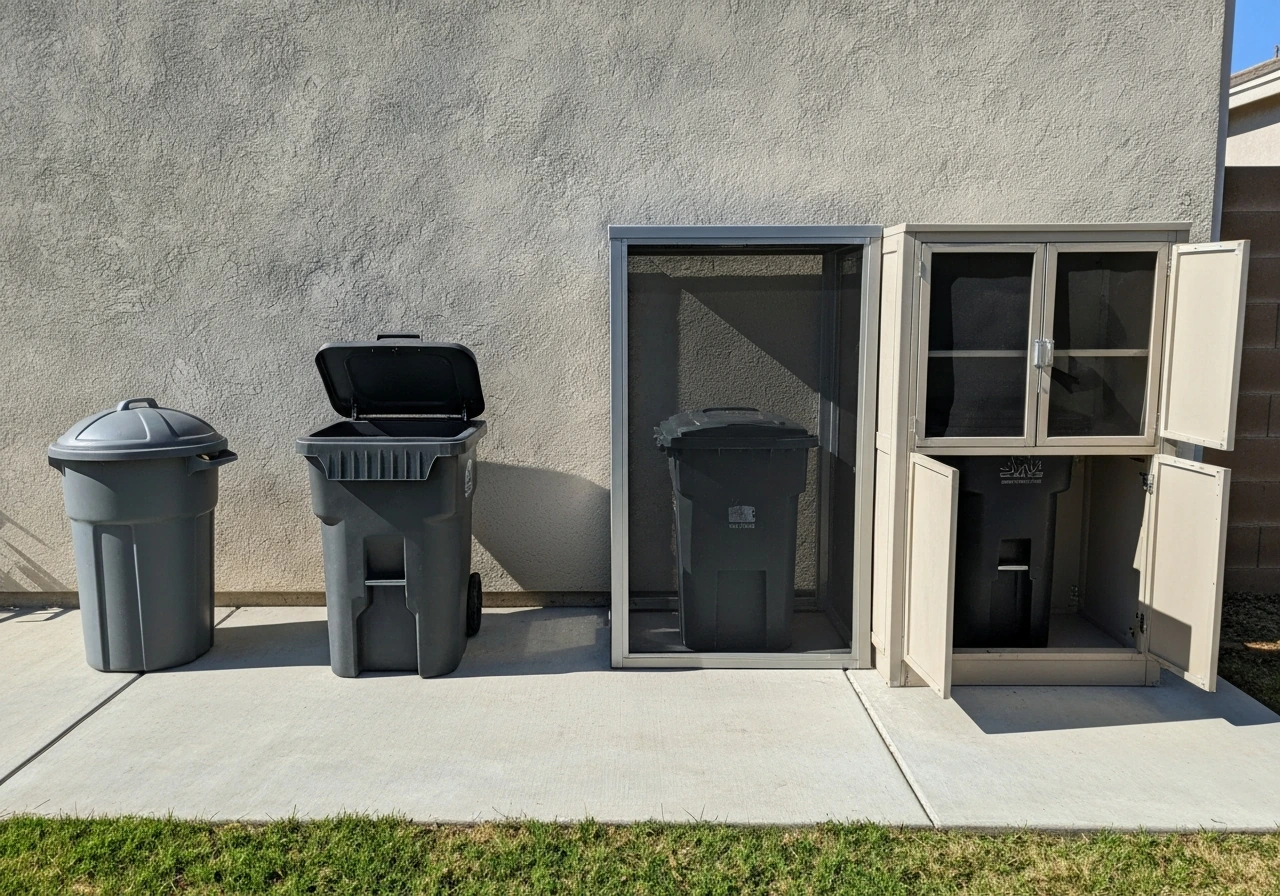 Four patio trash can setups on a quiet concrete patio: lidded bin, wheeled bin, screened enclosure, built-in cabinet.