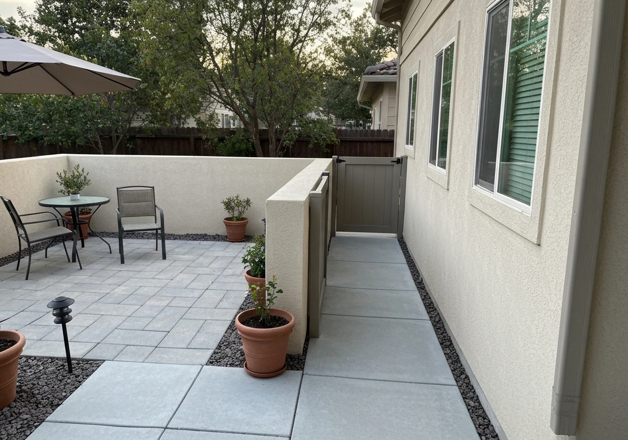Backyard patio seating with trash bins concealed behind a low wall so guests don’t see them directly.