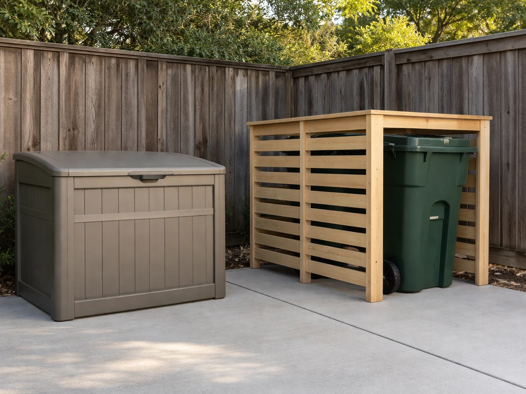 Resin trash hideaway cover beside a simple slatted wooden screen enclosure in a tidy yard.
