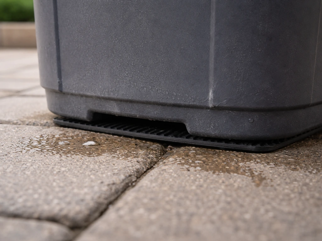 Close-up of a trash can base with a small drainage gap preventing standing water