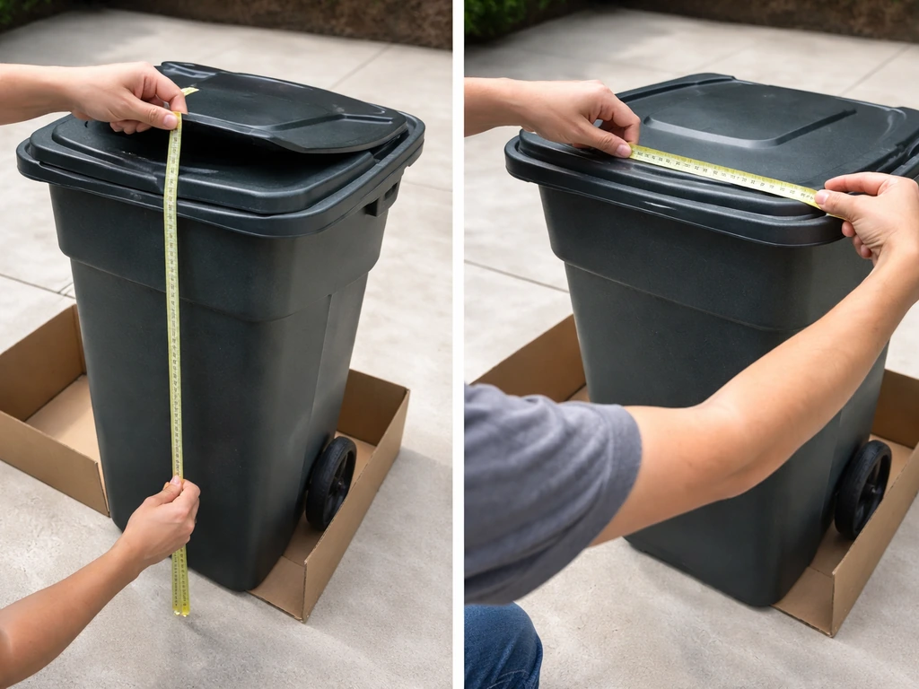 Hands measuring a wheeled trash can’s height and diameter on a patio beside a simple enclosure footprint.