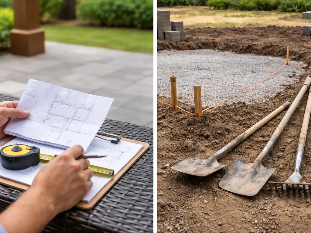 Split scene: patio design consultation on one side and gravel base prep with layout markers on the other.