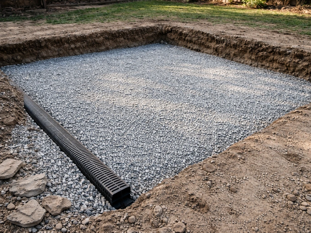 Excavated patio area with compacted gravel base and visible drainage channel before concrete or pavers.