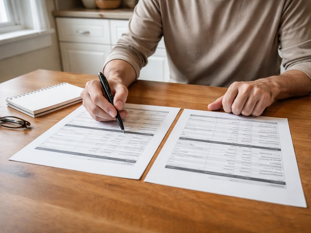 Homeowner reviewing two contractor bid sheets at a kitchen table, pointing at line items with a pen.