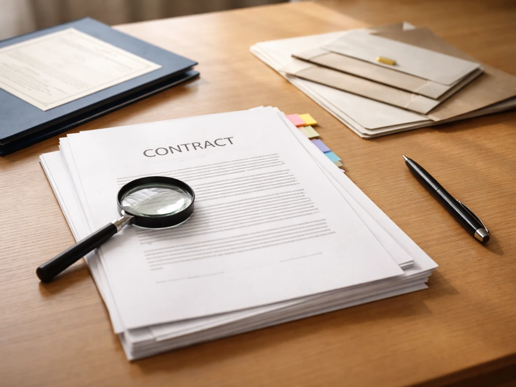 Close-up of contract paperwork and insurance/permit documents on a table with a pen and magnifying glass.