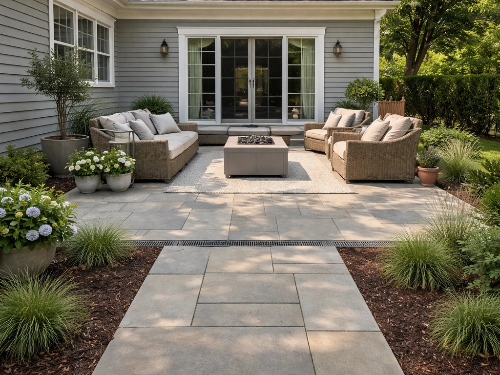 Inviting finished patio with outdoor seating, pathway, and subtle drainage-ready slope and drain grate.