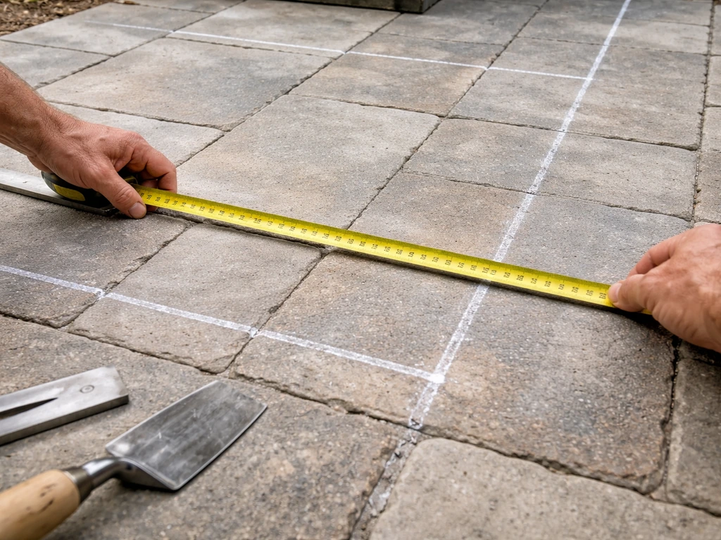 Anonymous hands measuring and marking patio paver layout for dining and lounging zones.