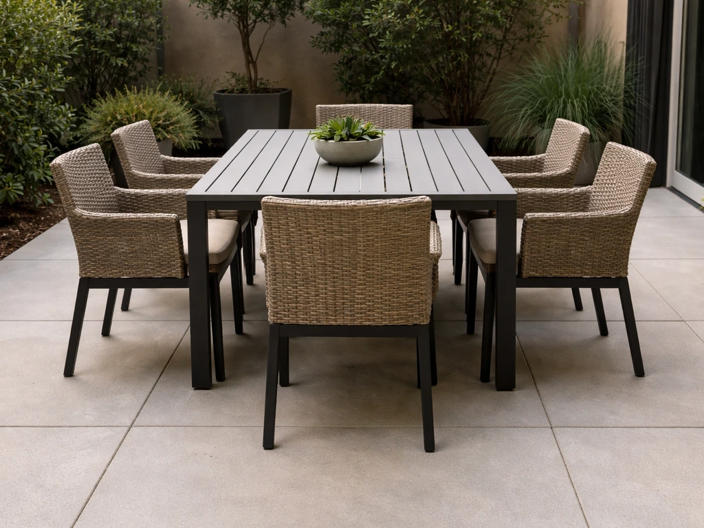 Patio dining table with chairs pulled out, showing ample walking clearance around the seating.