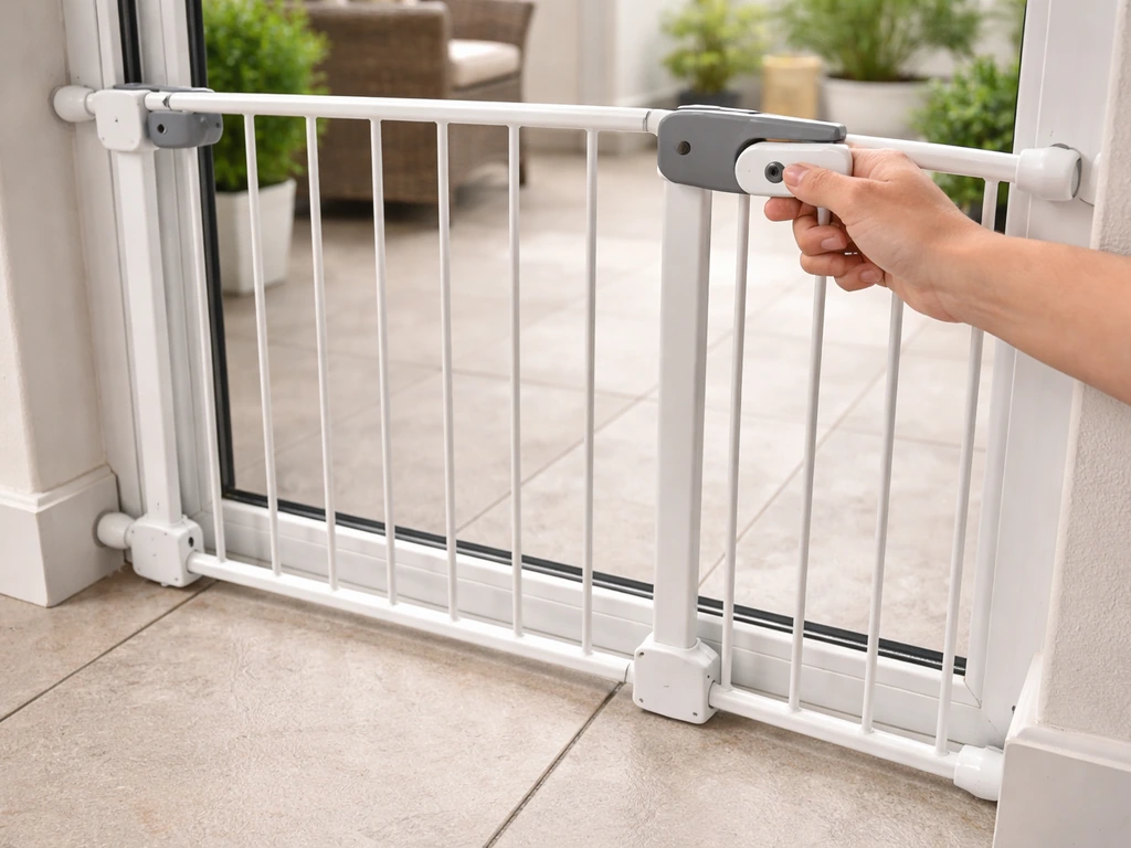 Patio safety gate installed across a sliding patio door, with blocked entrance for child/pet safety.