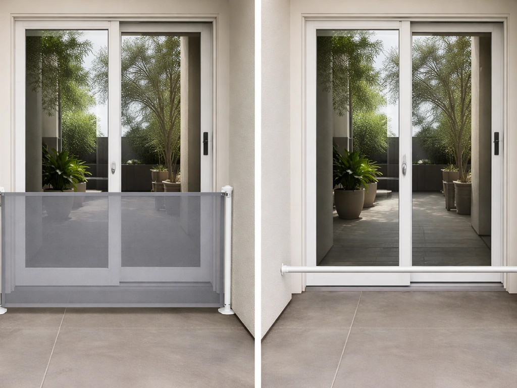 Split view of a patio safety gate blocking a door path versus a door bar leaving an alternate access.
