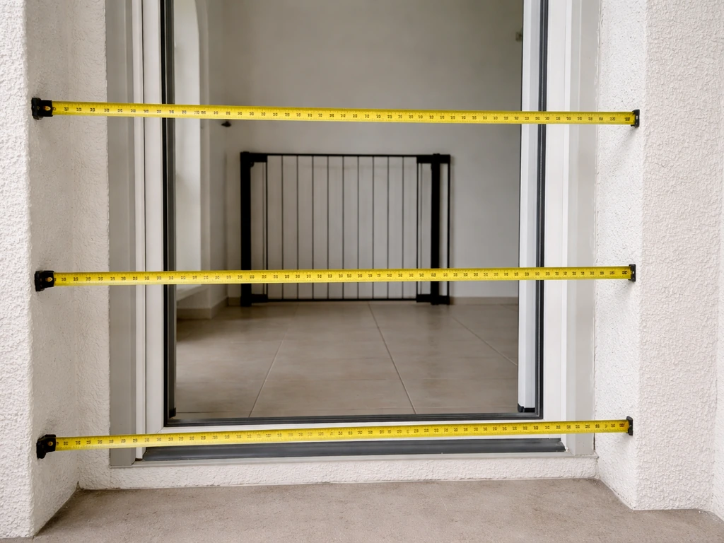 Tape measure laid along patio wall-to-wall opening, showing multiple height checks for a safety gate fit.
