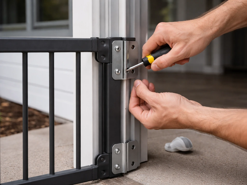 Hand attaching a hardware-mounted gate barrier with visible hinges and brackets to a door frame
