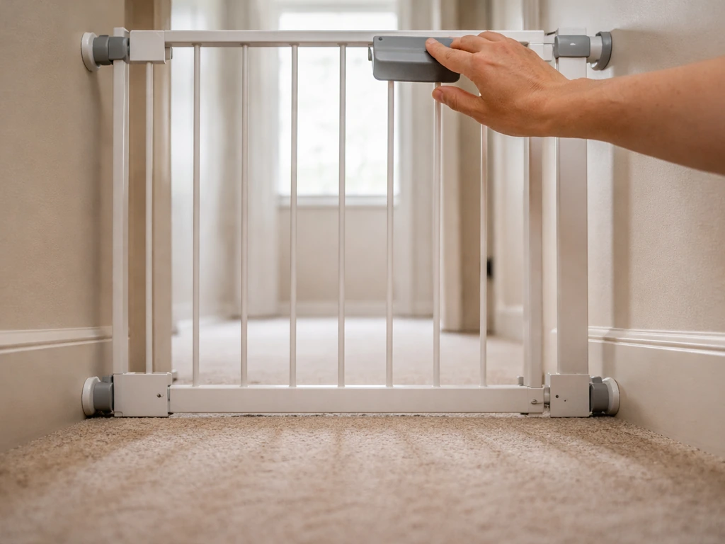 Low-angle view of a closed safety gate with a hand checking the latch and the gap under it.