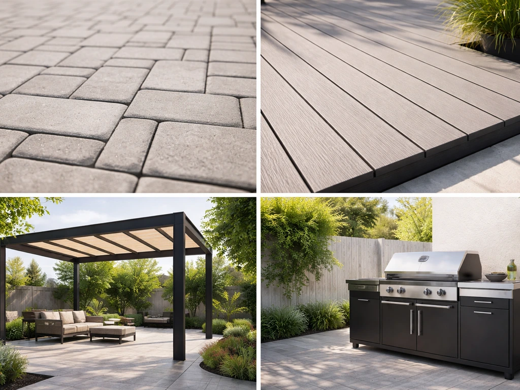 Minimal split-scene showing interlocking pavers, composite decking, a pergola frame, and an outdoor grill/kitchen.