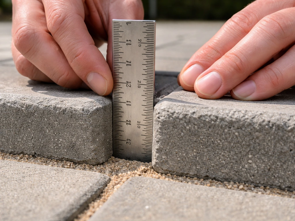 Close-up of concrete pavers with a ruler measuring thickness and a small tray of joint sand