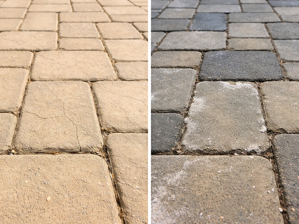 Two-panel close-up of pavers: heat sun-fade and checking on one side; freeze-thaw efflorescence and spalling on the othe
