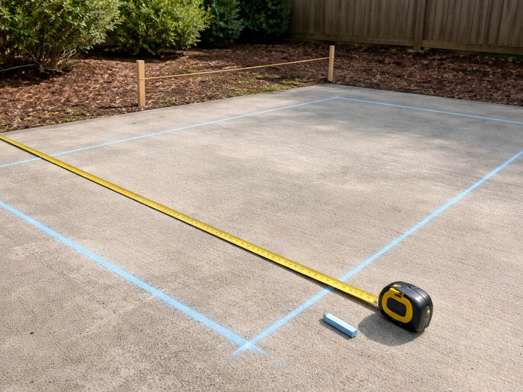 Tape measure and chalk lines marking a patio area with slope stakes on the ground outdoors.