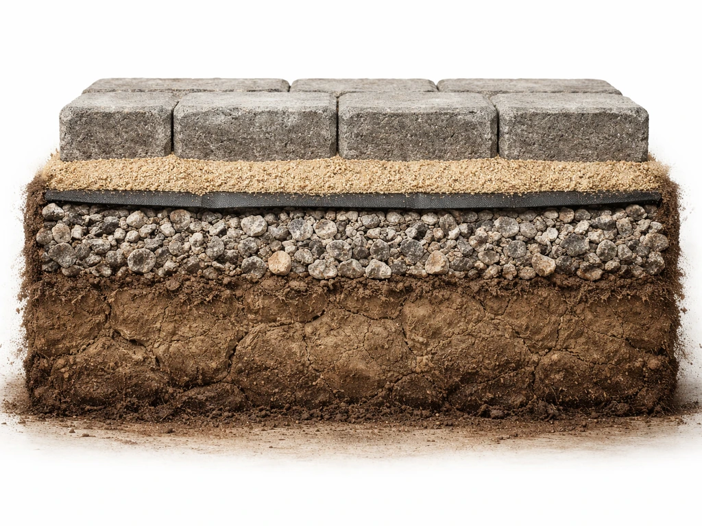 Minimal photo-style cross-section of paver base layers showing geotextile, aggregate, and clay-prone soil under load.