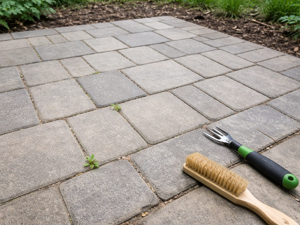 Year-3 paver patio showing stabilized polymeric sand joints with minor weeds and a brush for maintenance.